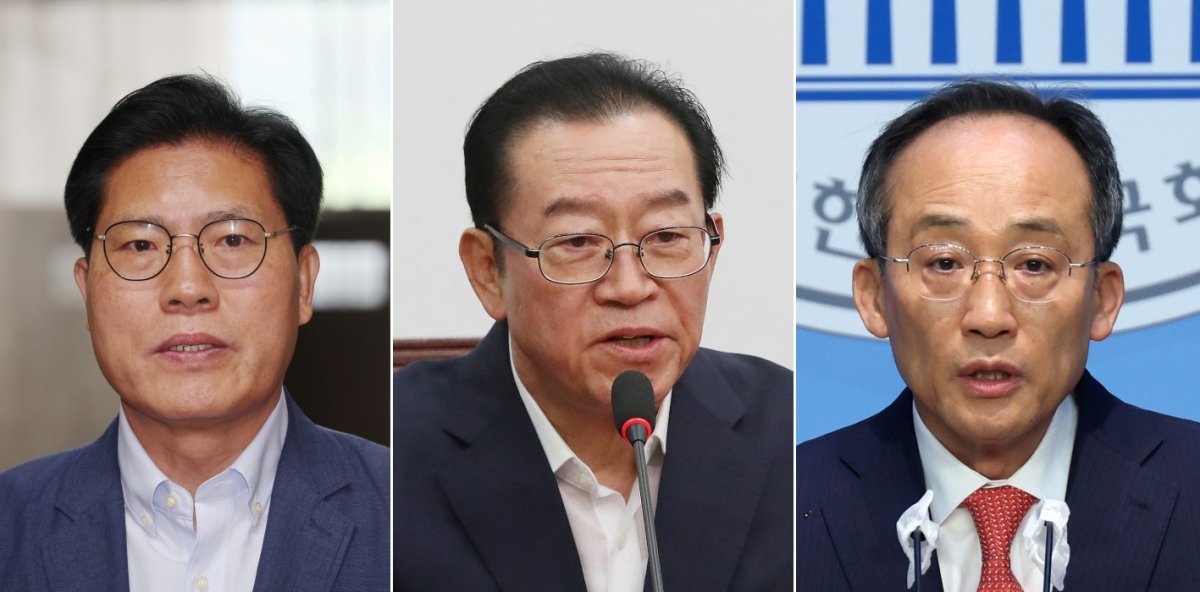 국민의힘 송석준(왼쪽부터), 이종배, 추경호 의원이 5일 원내대표 경선 후보 등록을 마치면서 3파전 구도가 완성됐다. 원내대표 경선은 오는 9일 치러진다.(뉴스1 DB) 2024.5.5/뉴스1