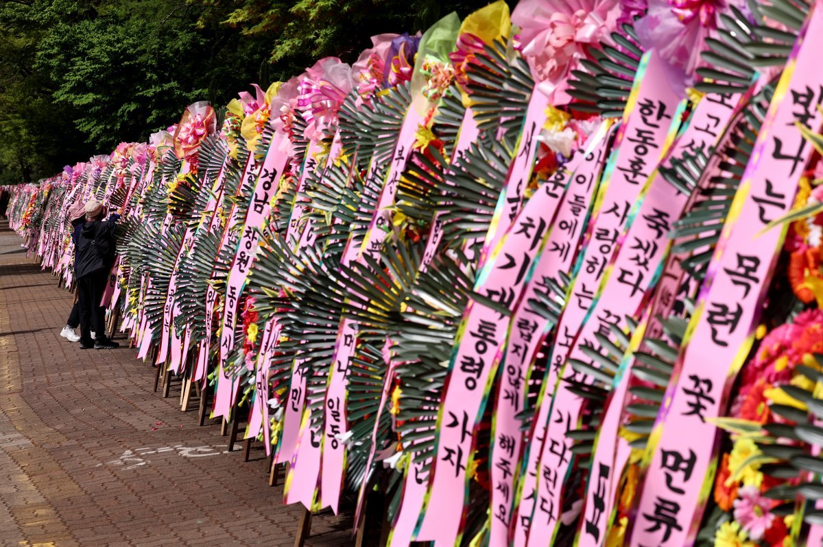 지난 4월 17일 오전 서울 여의도 국회 헌정회관 앞에 한동훈 국민의힘 전 비상대책위원장의 지지자들이 설치한 응원화환들이 놓여 있다. 2024.4.17. 뉴스1