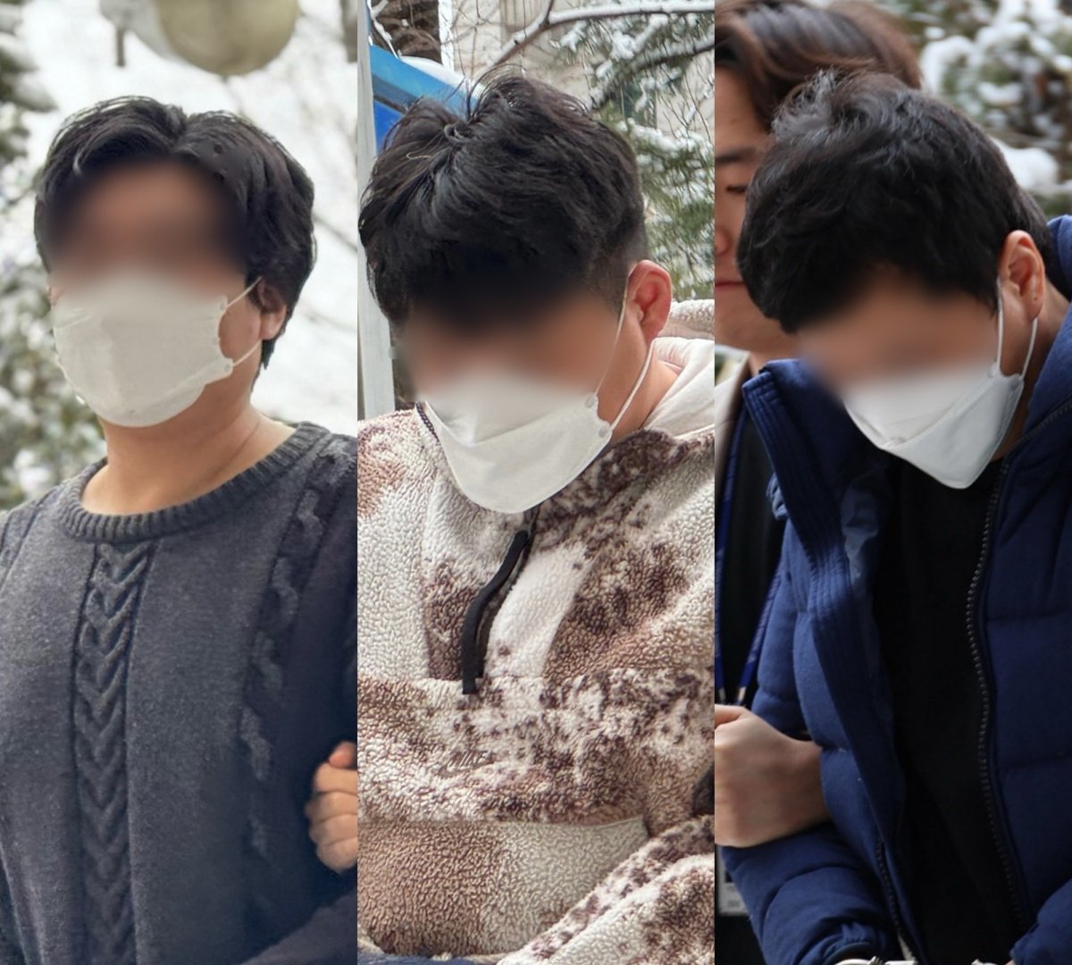 지난 2월 22일 오후 인천 노상에서 가상화폐 교환을 미끼로 개인투자자에게 10억 원대 현금을 가로챈 혐의를 받는 20~30대 일당 중 3명이 인천지법 영장심사장으로 들어가고 있다. 뉴스1