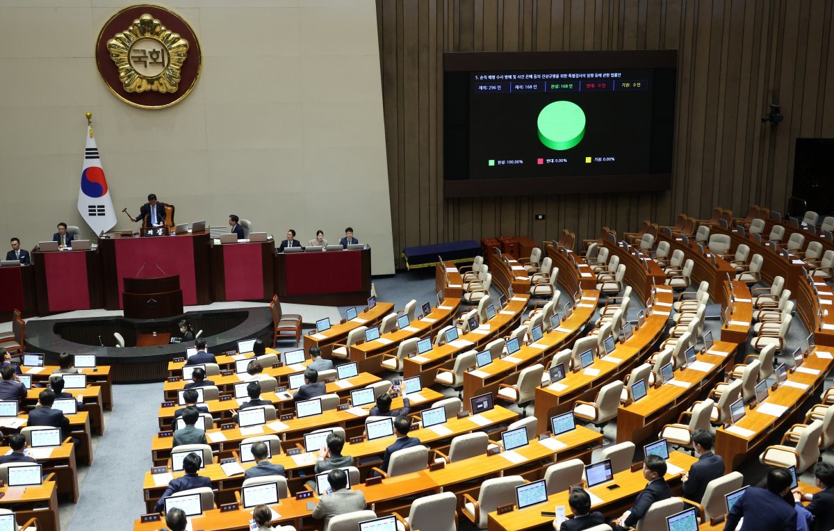 2일 오후 서울 여의도 국회에서 열린 제414회 국회(임시회) 제1차 본회의에서 국민의힘 의원들이 
퇴장한 가운데 순직 해병 수사 방해 및 사건 은폐 등의 진상규명을 위한 특별검사의 임명 등에 관한 법률안이 가결되고 있다. 
2024.05.02 뉴시스