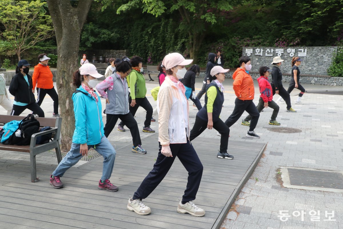 걷기클럽 회원들이 준비운동을 하고 있다. 새 지저귀는 소리와 어린이 웃음소리가 어우러지던 봉화산동행길 입구에 준비운동 동작 횟수를 외치는 회원들의 목소리가 울려 퍼졌다. 김동주 기자 zoo@donga.com