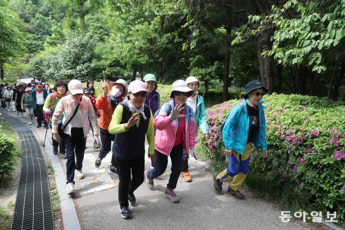 걷기클럽 회원들이 보라색 철쭉꽃이 핀 봉화산둘레길을 오르고 있다. 주민들은 걷기클럽을 통해 만성질환 관리부터 면역력 향상, 체중 감량까지 다양한 목표를 이뤄자고 있다. 김동주 기자 zoo@donga.com