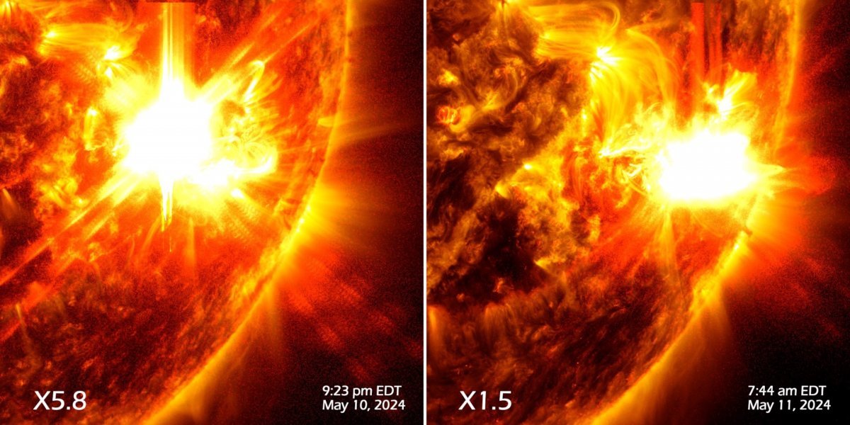 태양은 5월 10일부터 11일까지 두 차례의 강력한 태양 플레어를 방출했으며 NASA의 태양 역학 천문대는 X5.8 및 X1.5급 플레어로 분류된 이벤트의 이미지를 포착했다.  NASA X(구 트위터) 캡처
