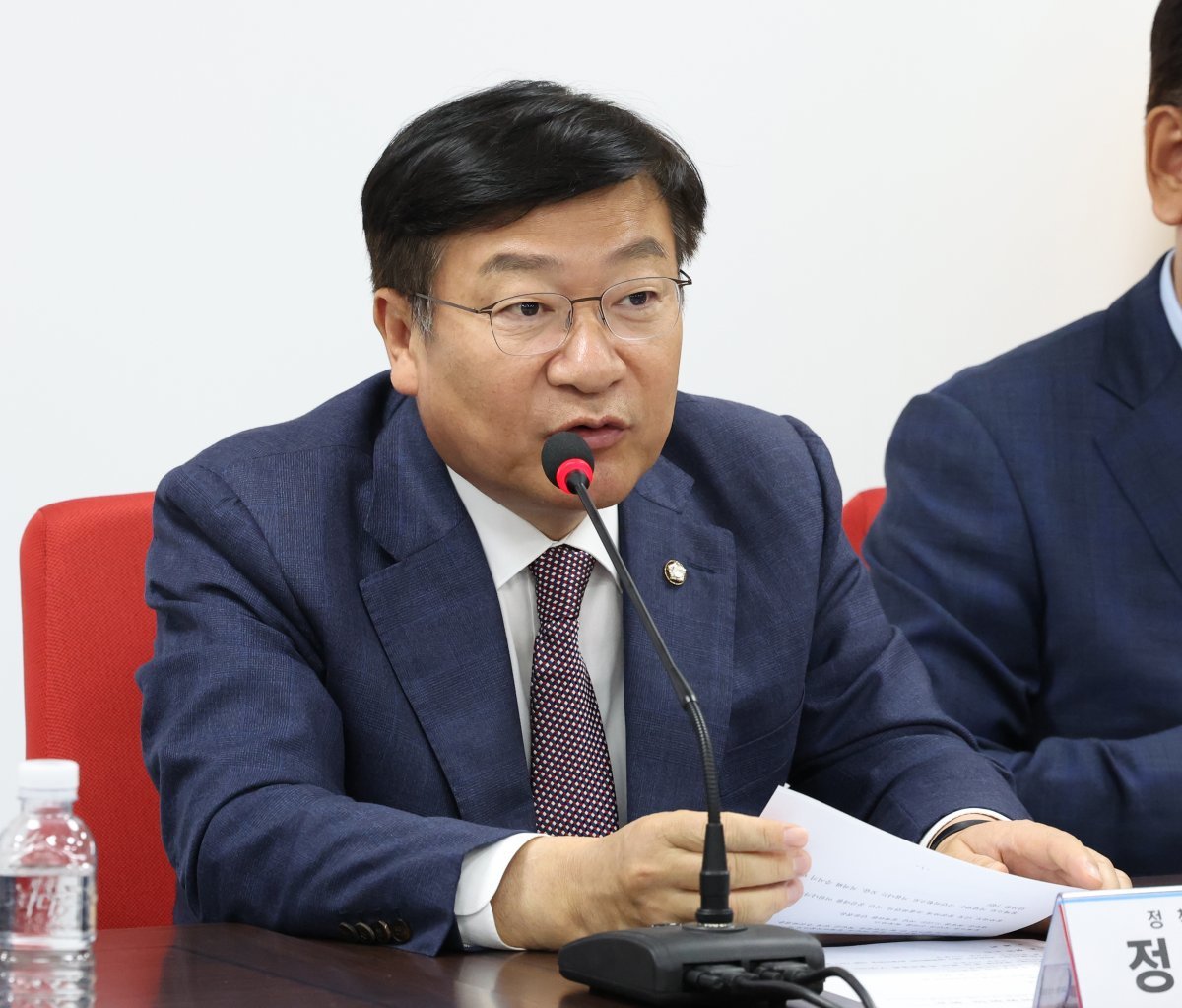 정점식 국민의힘 정책위의장이 13일 오후 서울 여의도 중앙당사에서 열린 비상대책위원회의에서 발언을 하고 있다. 2024.5.13/뉴스1