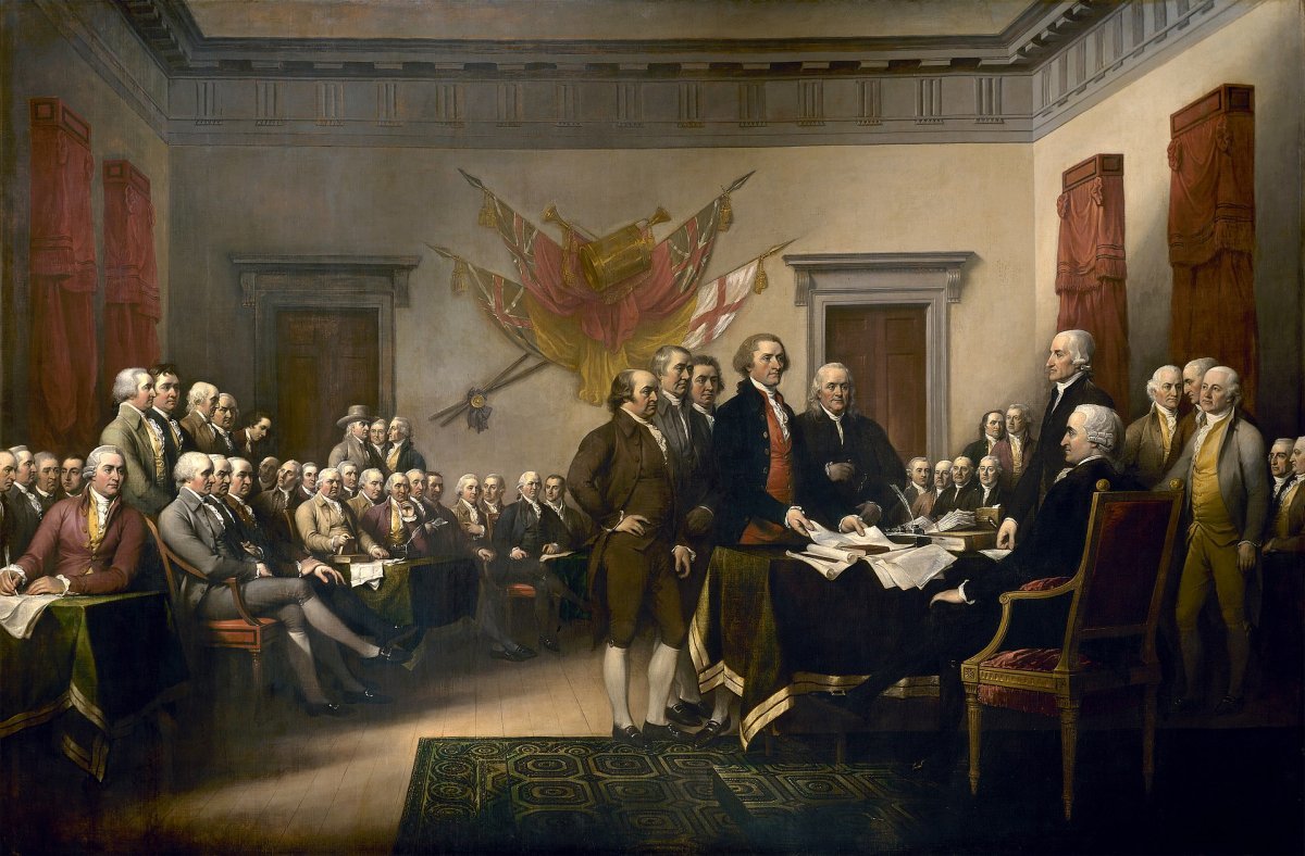 1776년 6월 28일 의회에 토머스 제퍼슨 등 5명이 독립선언문 초안을 제출하는 장면을 묘사한 존 트럼벌(1756∼1843)의 
그림 ‘독립 선언’. 역사학자 니얼 퍼거슨을 비롯한 저자들은 미국 독립 등 역사의 굵직한 사건들이 전혀 다르게 흘러간 ‘가상의 
역사’를 제시해 “우리가 아는 모든 역사는 필연이 아니었다”는 사실을 입증해 나간다. 사진 출처 위키피디아