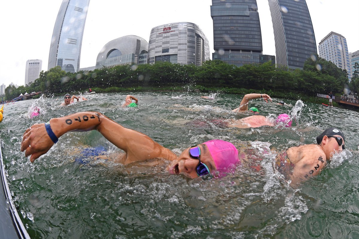 ‘2023 롯데 아쿠아슬론’ 참가자들이 맑아진 석촌호수에서 수영하고 있다.