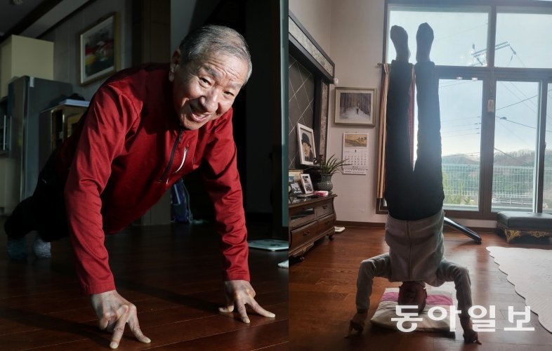 Even at the age of nearly 90, Chairman Seol Kyun-tae regularly does headstands and three-finger push-ups with his thumb, index, and middle finger.  Namyangju = Reporter Shin Won-geon laputa@donga.com · Provided by Chairman Seol Kyun-tae
