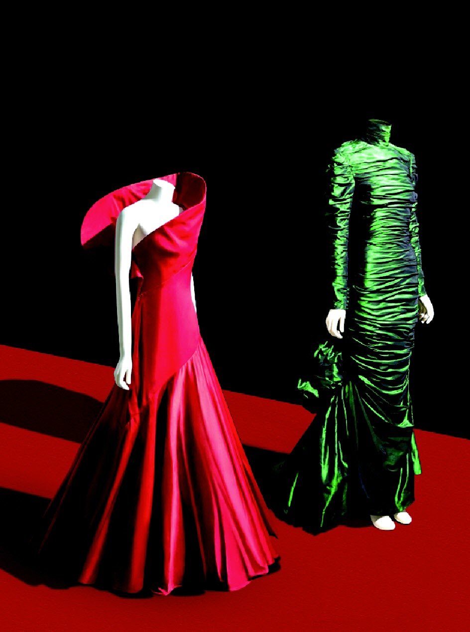 Stephane Rolland's red evening gown (left) and Christian Lacroix's taffeta evening gown.