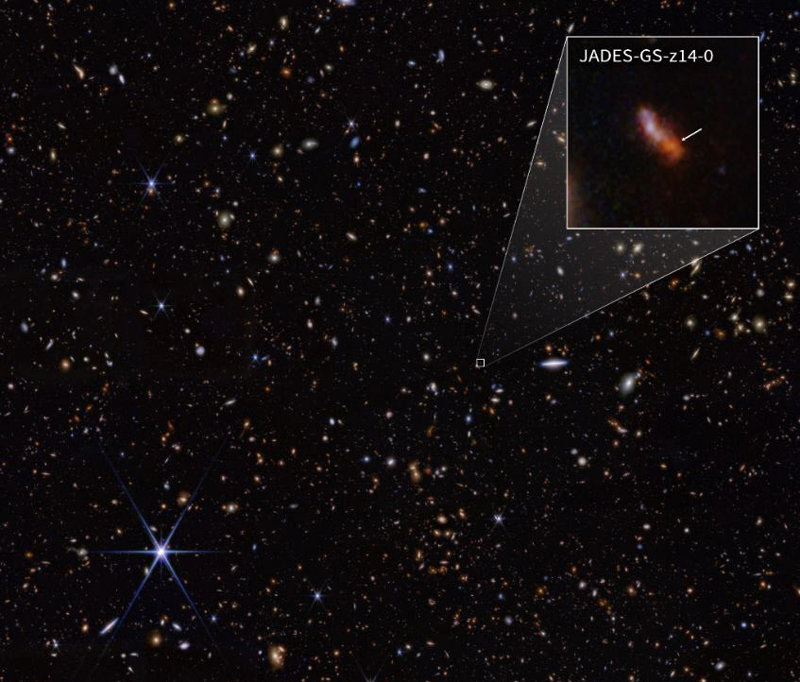 지난달 30일(현지 시간) 미국항공우주국(NASA) 등은 제임스웹 우주망원경을 통해 역사상 가장 오래된 은하 
‘JADES-GS-z14-O’를 발견했다고 밝혔다. 이 은하는 지금부터 137억1000만 년 전에 존재한 것으로 알려졌다. 사진 
출처 NASA