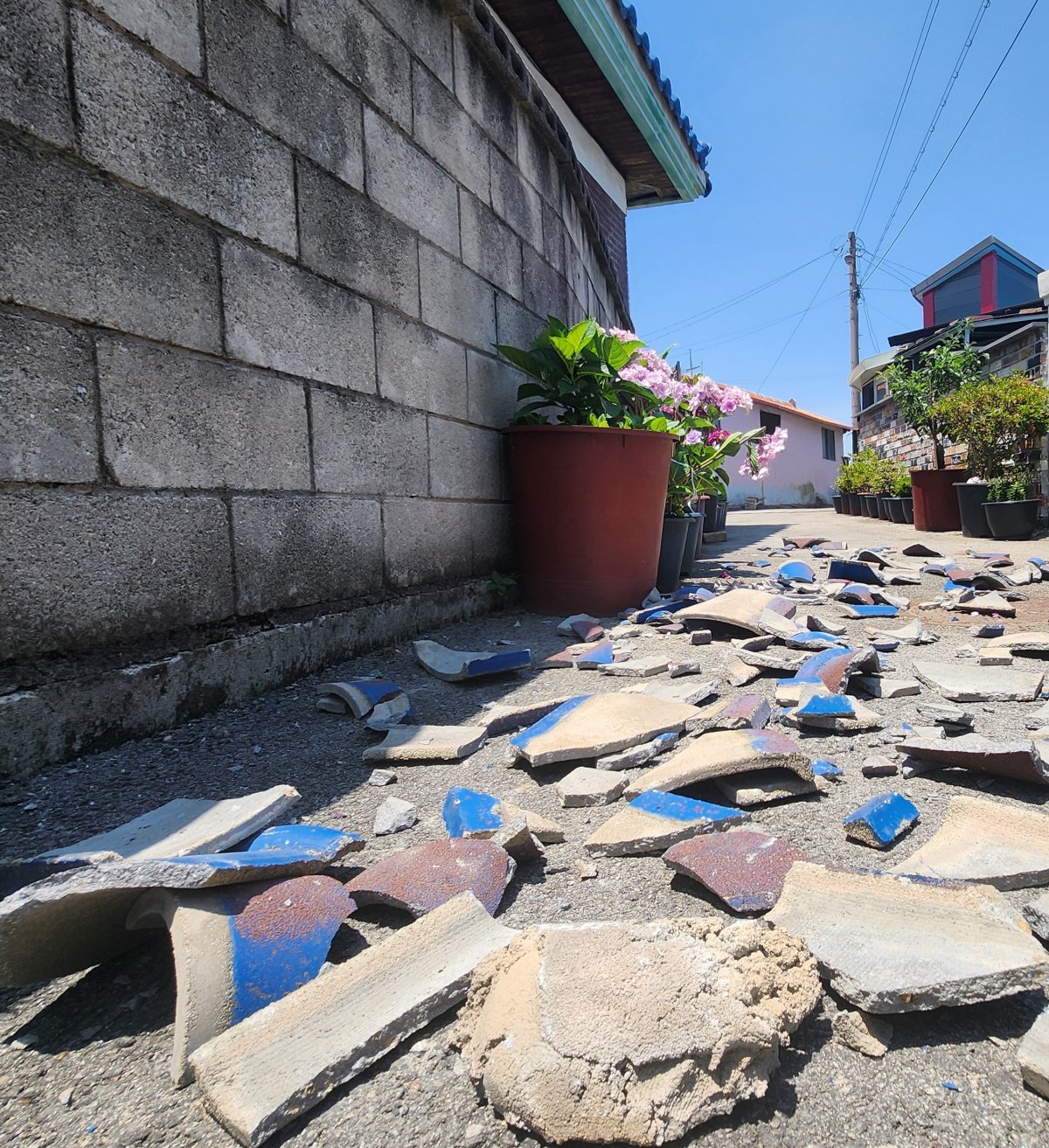 12일 규모 4.8의 지진이 발생한 전북 부안군의 한 주택 옆 골목에 깨진 기왓장이 널려 있다. 부안=뉴스1