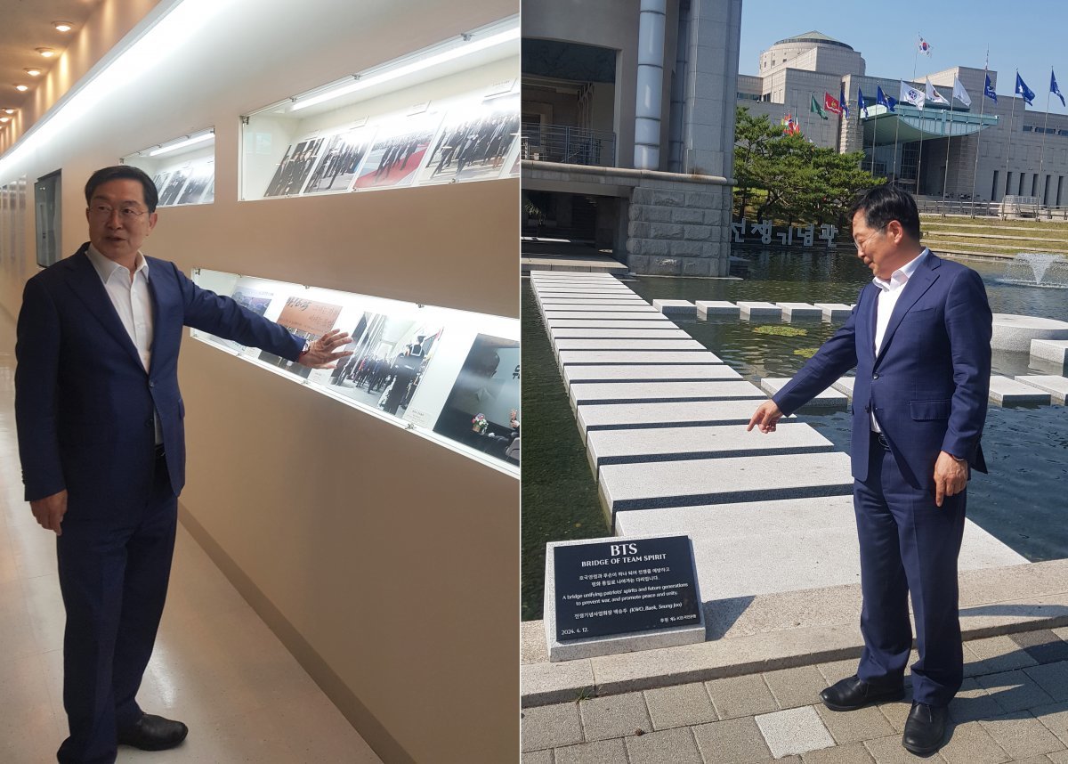 백승주 전쟁기념사업회장이 6·25 발발 74주년을 1주 앞둔 18일 서울 용산 전쟁기념관 시설을 둘러보고 있다.