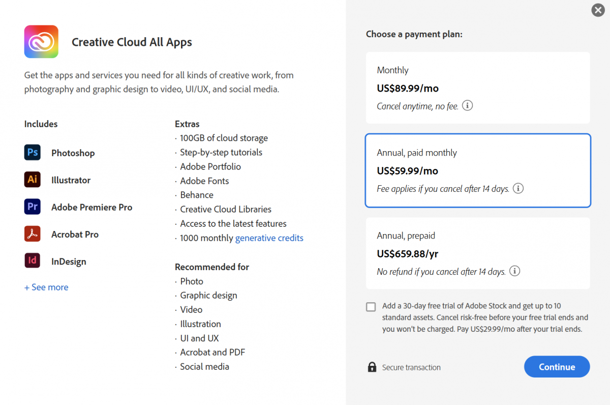 어도비 구독 플랜 선택 화면. 취소 수수료가 발생한다는 언급만 있을 뿐, 정확한 수수료율에 대한 안내는 찾아볼 수 없다 / 출처=어도비 홈페이지 캡처
