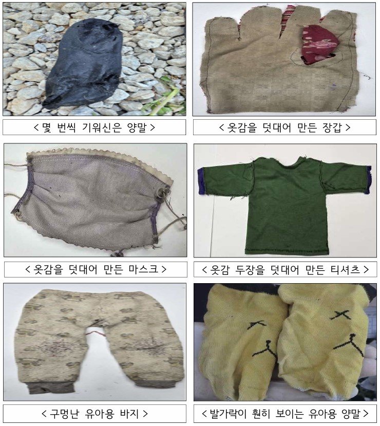 대남 오물풍선에서 몇 번씩 기워 신은 구멍 난 양말, 구멍 뚫린 유아용 바지, 옷감을 덧대 만든 장갑과 마스크 등 북한 주민의 열악한 생활난을 보여주는 생필품 쓰레기가 여러 개 나왔다. 통일부 제공