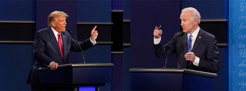 2020년 대선을 앞두고 열린 TV토론에서 당시 후보로 맞붙었던 조 바이든 대통령(오른쪽)과 도널드 트럼프 전 대통령. 내슈빌=AP 뉴시스
