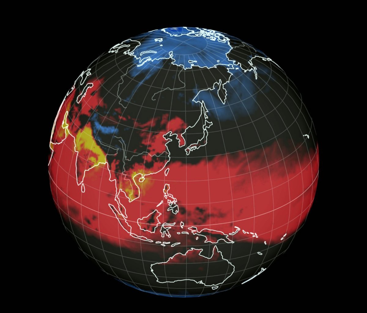 세계 기상 정보 비주얼 맵인 어스윈드맵으로 확인한 이날 오후 14시 한반도 주변이 기온과 불쾌지수로 붉게 표시되고 있다. (어스윈드맵 캡처)2024.6.19/뉴스1