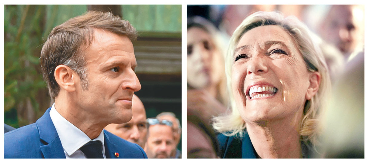 에마뉘엘 마크롱 프랑스 대통령(왼쪽 사진)이 프랑스 1차 총선이 열린 지난달 30일(현지 시간) 북부 르투케의 한 투표장에서 
투표를 마친 뒤 다소 굳은 표정으로 떠나고 있다. 극우 국민연합(RN)을 이끄는 마린 르펜 의원은 이날 오후 RN이 1당을 차지할
 것이란 출구조사 결과가 발표되자 지지자들과 함께 활짝 웃고 있다. 르투케=신화 뉴시스·에냉보몽=AP 뉴시스