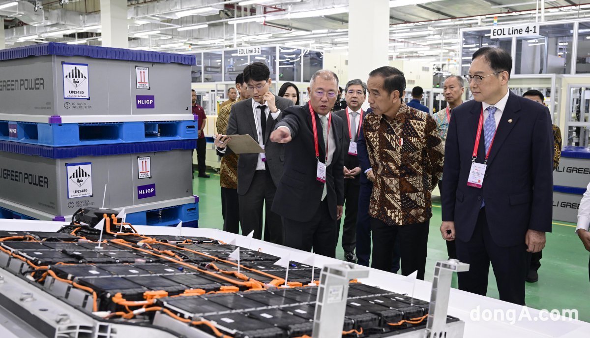 정의선 현대차그룹 회장과 조코 위도도 인도네시아 대통령 등이 합작공장 HLI그린파워에서 생산된 배터리 제품을 살펴보고 있다.