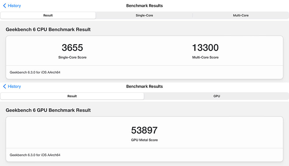 긱벤치 6 결과 단일 코어 3655점, 다중 코어 1만 3300점, GPU 5만 3897점으로 확인된다 / 출처=IT동아