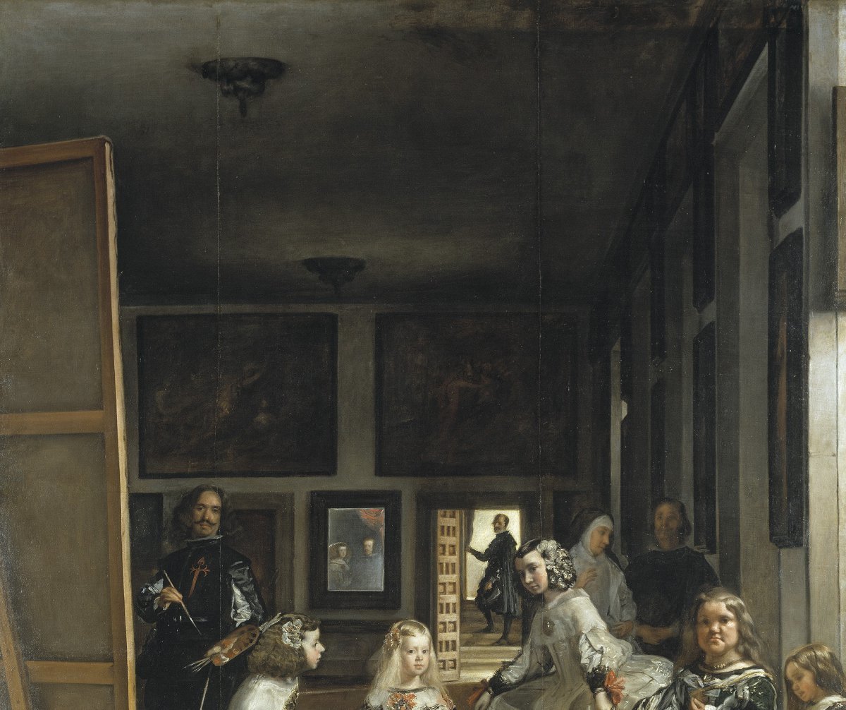 그림 위쪽 드넓은 공간. 왼쪽 캔버스와 그 옆에 서 있는 벨라스케스. 또 거울 속으로 보이는 왕과 왕비. 프라도미술관 제공