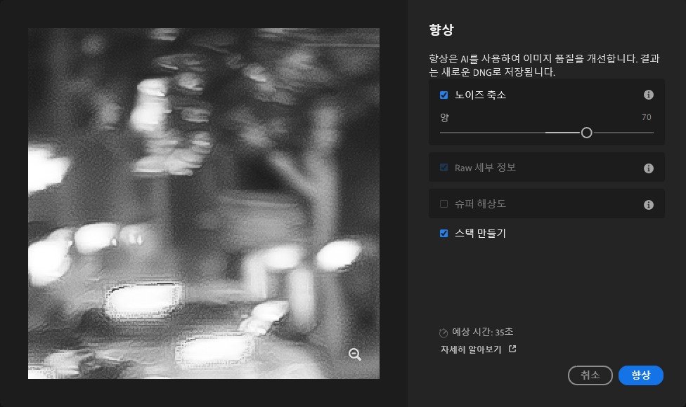 약 20MB 용량의 무압축(RAW) 사진 파일에 대해 인공지능 디노이즈를 명령하니 잔여 시간 35초가 남았다고 표시됐다. 실제 처리시간은 40초 가량 소요됐다. / 출처=IT동아