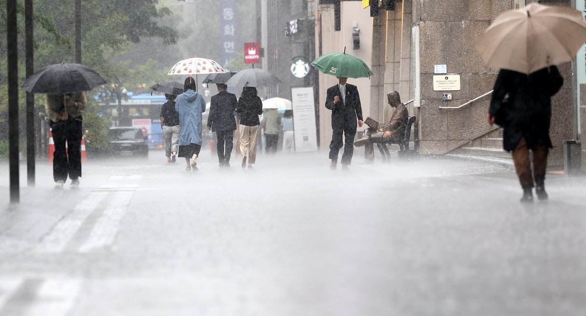 장맛비가 서울 광화문광장에서 우산 쓴 시민들이 발걸음을 재촉하고 있다. 2024.7.2/뉴스1