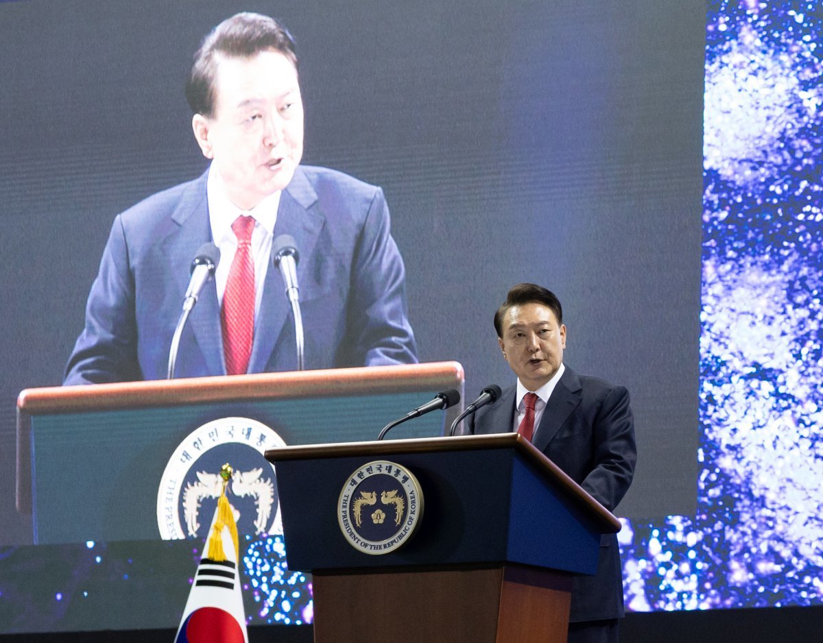 윤석열 대통령이 4일 인천 남동체육관에서 열린 ‘한국자유총연맹 창립 제70주년 기념식’에서 축사를 하고 있다. (대통령실 제공) 2024.7.4/뉴스1