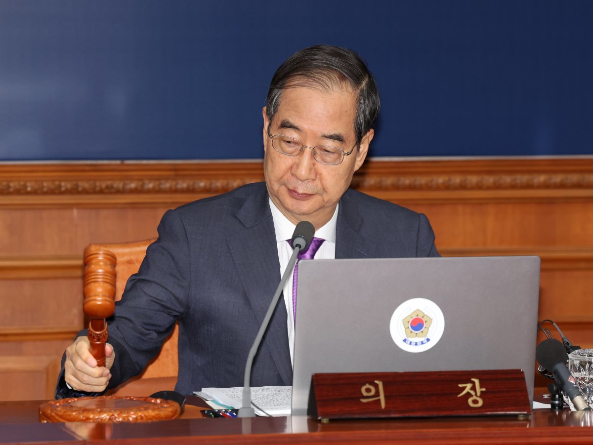 한덕수 국무총리가 9일 오전 서울 종로구 정부서울청사에서 열린 국무회의에서 의사봉을 두드리고 있다. 2024.07.09. 뉴시스