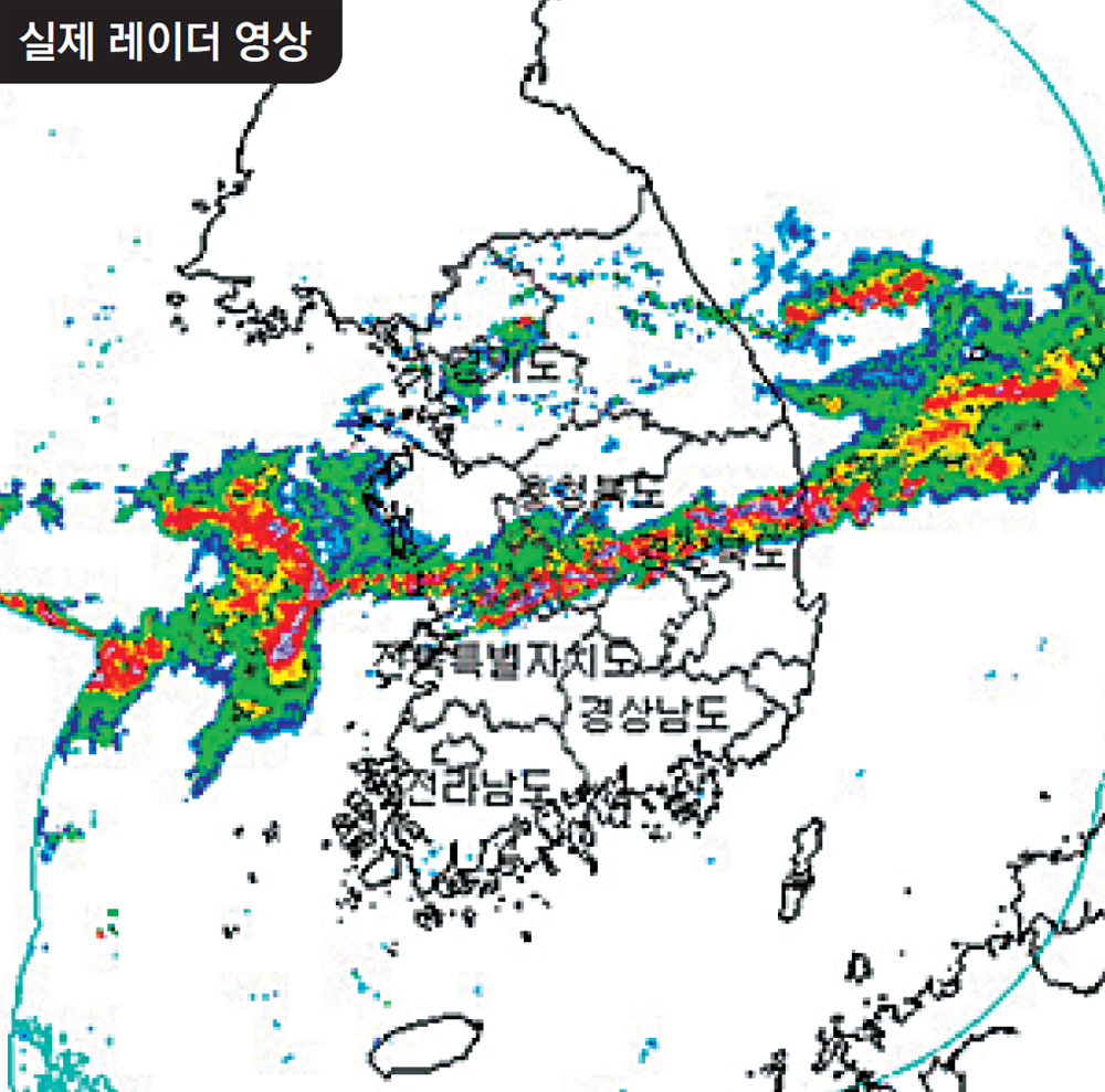기상관측 레이더 영상과 수치예보 모델 경북과 충북 일부 지역에 물폭탄이 쏟아진 8일 오전 3시 30분경 기상청의 기상관측 레이더 영상. 남북으로 압축된 장마전선 아래로 길고 좁은 지역에 폭우가 내리고 있다. 자료: 기상청