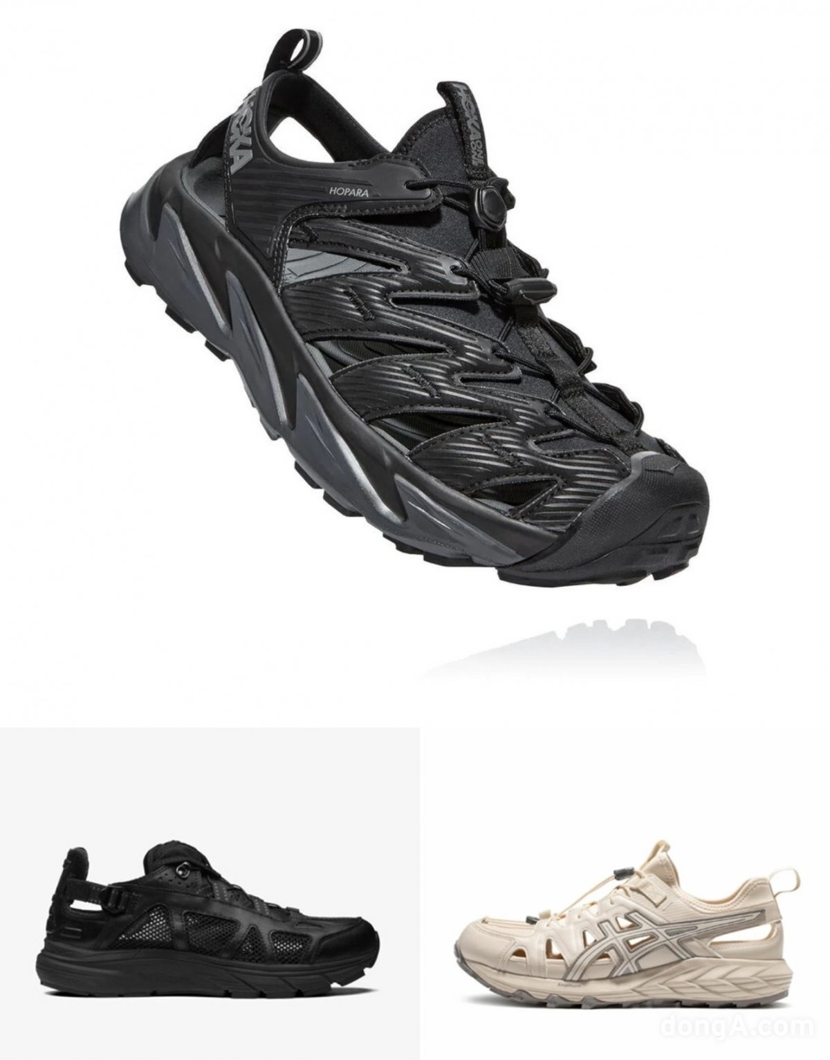 Sneaker-style sandals similar to the Hoka Hopara 2. (Clockwise from top) Hoka Hopara 1, Asics Gel-Sonoma SE, Salomon Techsonic