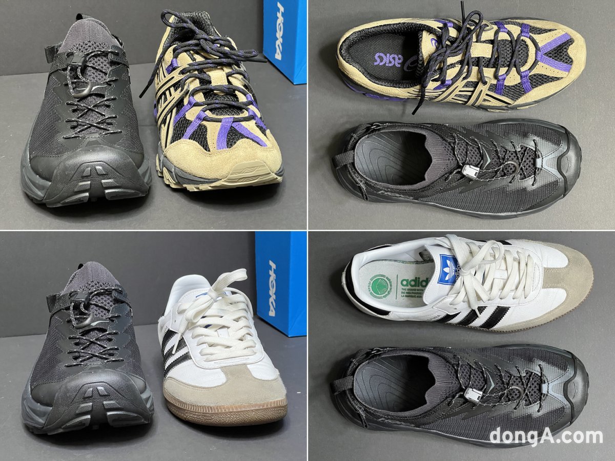 Size comparison between Hoka Hopara 2 and other products. (Above) Asics Gel Sonoma, Adidas Samba