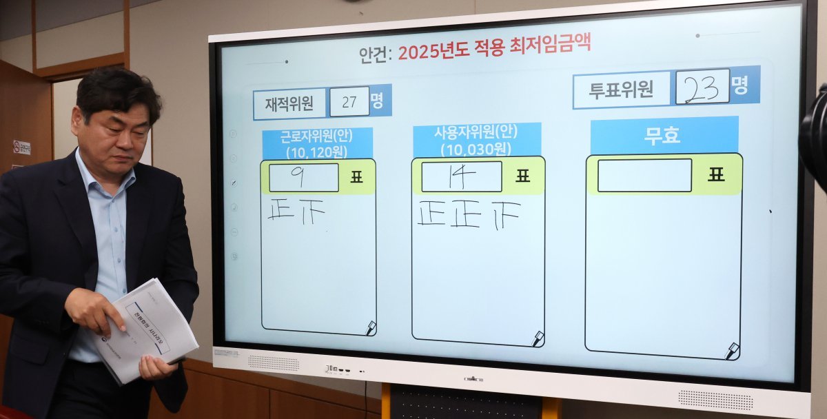 이인재 최저임금위원장이 12일 새벽 세종시 정부세종청사에서 2025년도 적용 최저임금에 대한 표결 결과 앞을 지나고 있다. 내년도 최저임금은 10030원으로 결정됐다. 세종=뉴시스