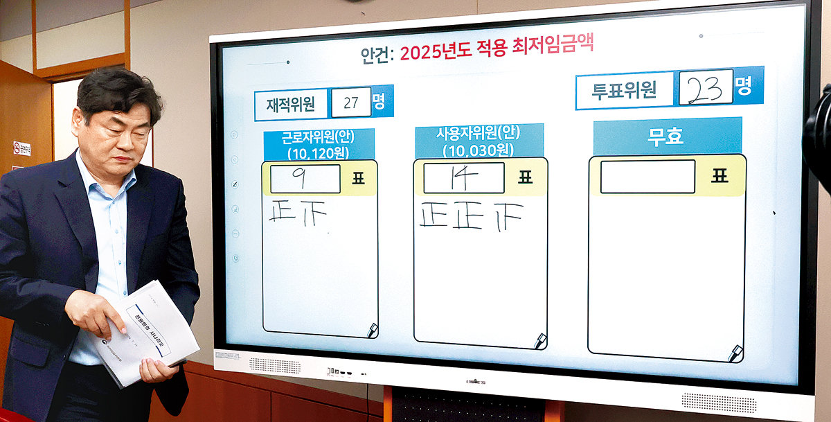 이인재 최저임금위원회 위원장이 12일 내년도 최저임금 표결 결과가 적힌 화이트보드 앞을 지나고 있다. 이날 새벽 최임위는 진통 
끝에 내년도 최저임금을 시간당 1만30원으로 정했다. 이는 올해(9860원)보다 1.7% 오른 것이다. 세종=뉴시스