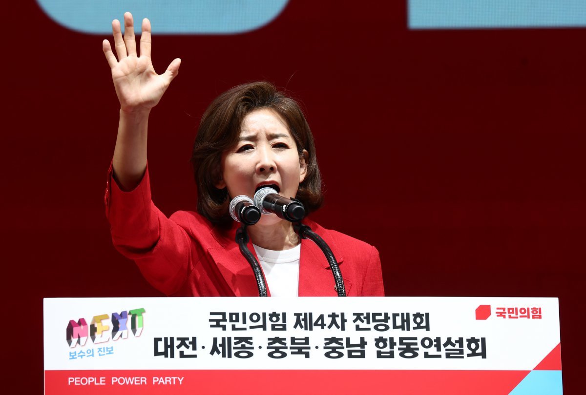 나경원 국민의힘 당대표 후보가 15일 천안 서북구 유관순체육관에서 열린 대전·세종·충북·충남 합동연설회에서 정견발표를 하고 있다. 2024.7.15/뉴스1