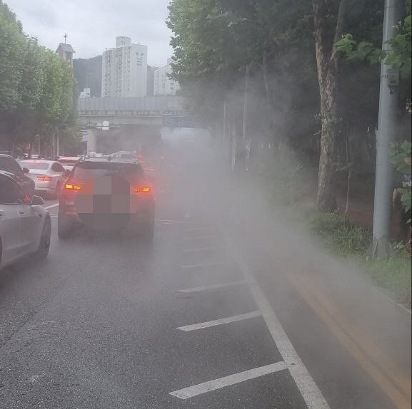 22일 오전 9시 6분경 경기 안양시 동안구 평촌동 농수산물사거리 부근 도로에 매설된 온수 배관이 파열돼 지면으로 수증기와 온수가 누출됐다. 경기도소방재난본부 제공