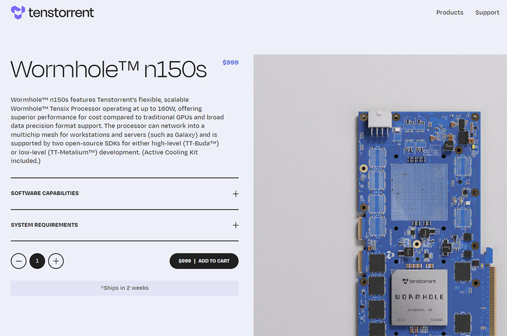 웜홀 n150s의 구매 페이지, 엔비디아 GPU에 비해 상대적으로 저렴한 가격과 2주 밖에 걸리지 않는 배송 기한이 인상적이다 / 출처=텐스토렌트