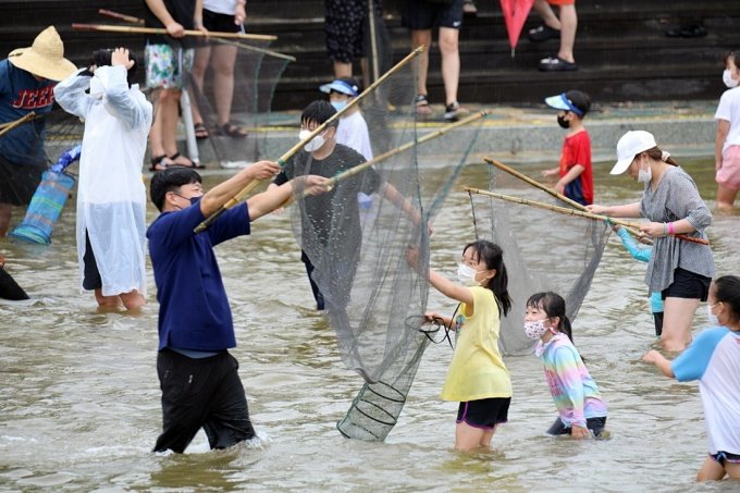 2022년 경북 봉화군 봉화읍 내성천에서 열린 봉화은어축제를 찾은 방문객들이 손잡이 그물을 이용해 은어 잡기 체험을 하고 있다. 봉화군 제공