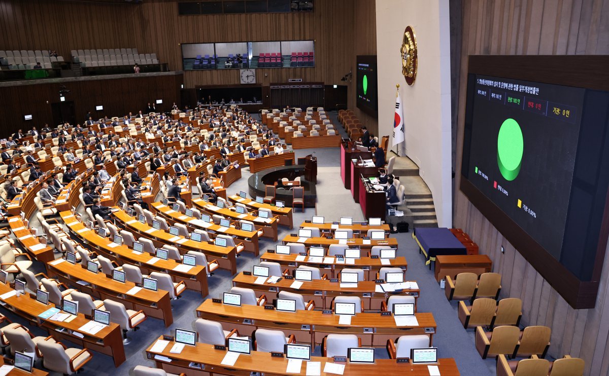 26일 오후 서울 여의도 국회에서 열린 본회의에서 방송통신위원회의 설치 및 운영에 관한 법률 일부개정법률안이 가결되고 있다. 2024.7.26/뉴스1