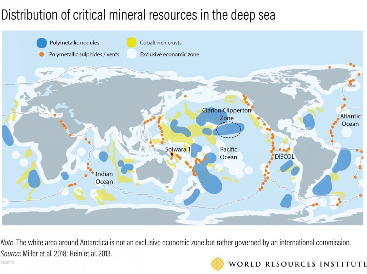 A map of the distribution of resources buried in the deep sea. Dark blue is manganese nodules, yellow is high-cobalt manganese crusts, and orange dots are where hydrothermal deposits are buried on the seafloor. World Resources Institute