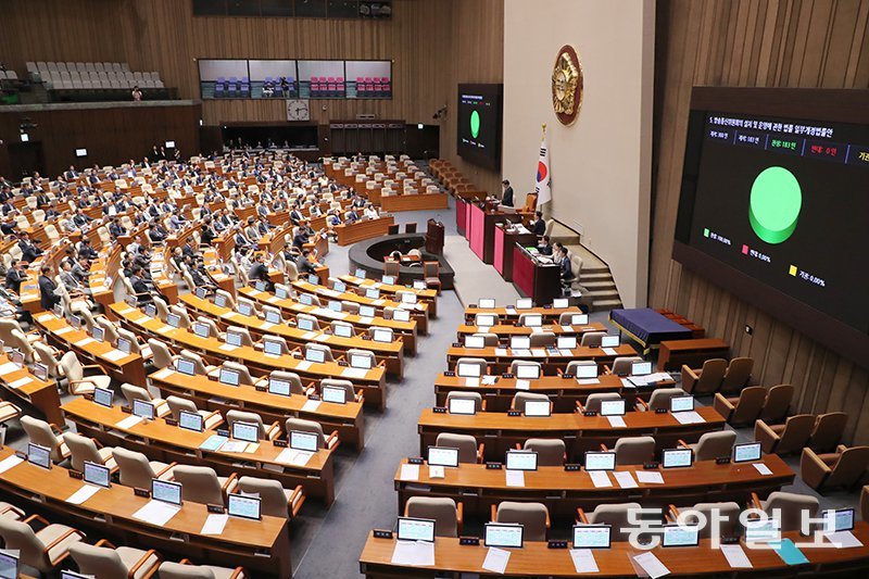 26일 오후 방송 4법 중 하나인 방송통신위원회 설치·운영법 개정안이 국회 본회의를 통과했다. 이날 국회는 본회의를 열어 재석 183명 중 찬성 183명으로 방통위법 개정안을 통과시켰다. 국민의힘 의원들은 야당이 법안 처리를 강행한 것에 대한 항의 표시로 본회의장에서 퇴장해 표결에 불참했다. 방통위법 개정안은 기존 5인 합의제 기구인 방통위의 의사정족수를 4명으로 늘리는 법안이다. 2024.07.26 이훈구 기자 ufo@donga.com