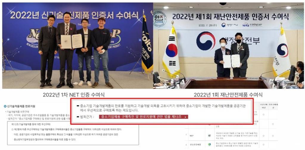 2022년 신기술(NET)인증서와 재난안전제품 인증서 수여식 당시 모습 / 출처=로드원