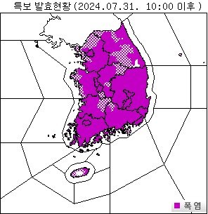 31일 오전 10시 이후 전국 폭염 특보 상황 (기상청 제공)