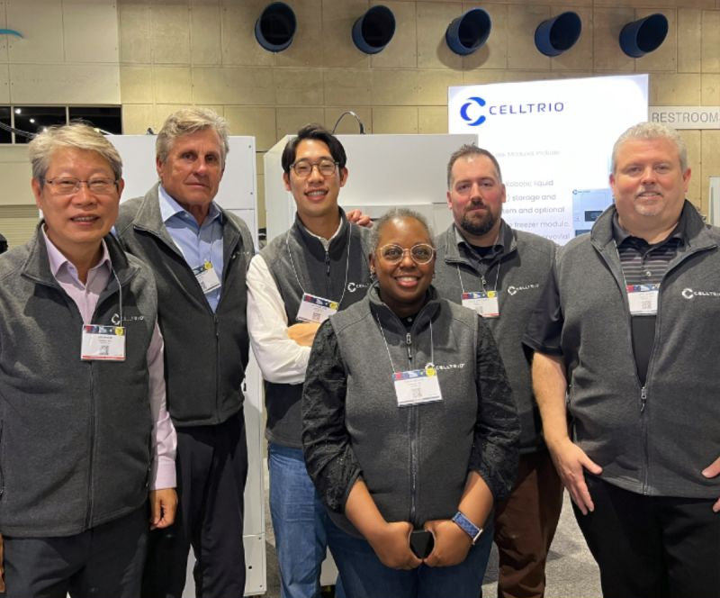 Celltrio executives and staff, including Dr. Jin-Oh Kim (left) and CEO Charlie Duncheon (second from the left), attend SLAS, the world's largest bio automation exhibition held in San Diego, California, USA in 2023. Courtesy of Celltrio