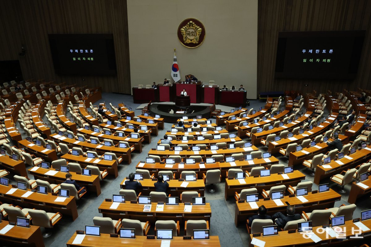 2일 오후 서울 여의도 국회에서 열린 본회의에서 국민의힘 임이자 의원이 ‘노란봉투법’(노동조합·노동관계조정법)이 상정되자 무제한토론을 하고 있다. 박형기 기자 oneshot@donga.com