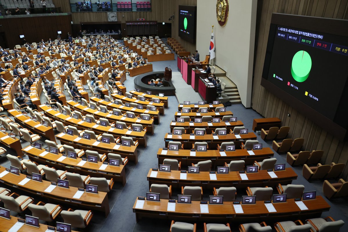 5일 오후 서울 여의도 국회에서 열린 제417회(임시회) 제1차 본회의에서 노동조합 및 
노동관계조정법 일부개정법률안(노란봉투법)이 재적300인 중 재석 179인, 찬성 177인, 반대 2인으로 통과되고 있다. 
2024.08.05. [서울=뉴시스]