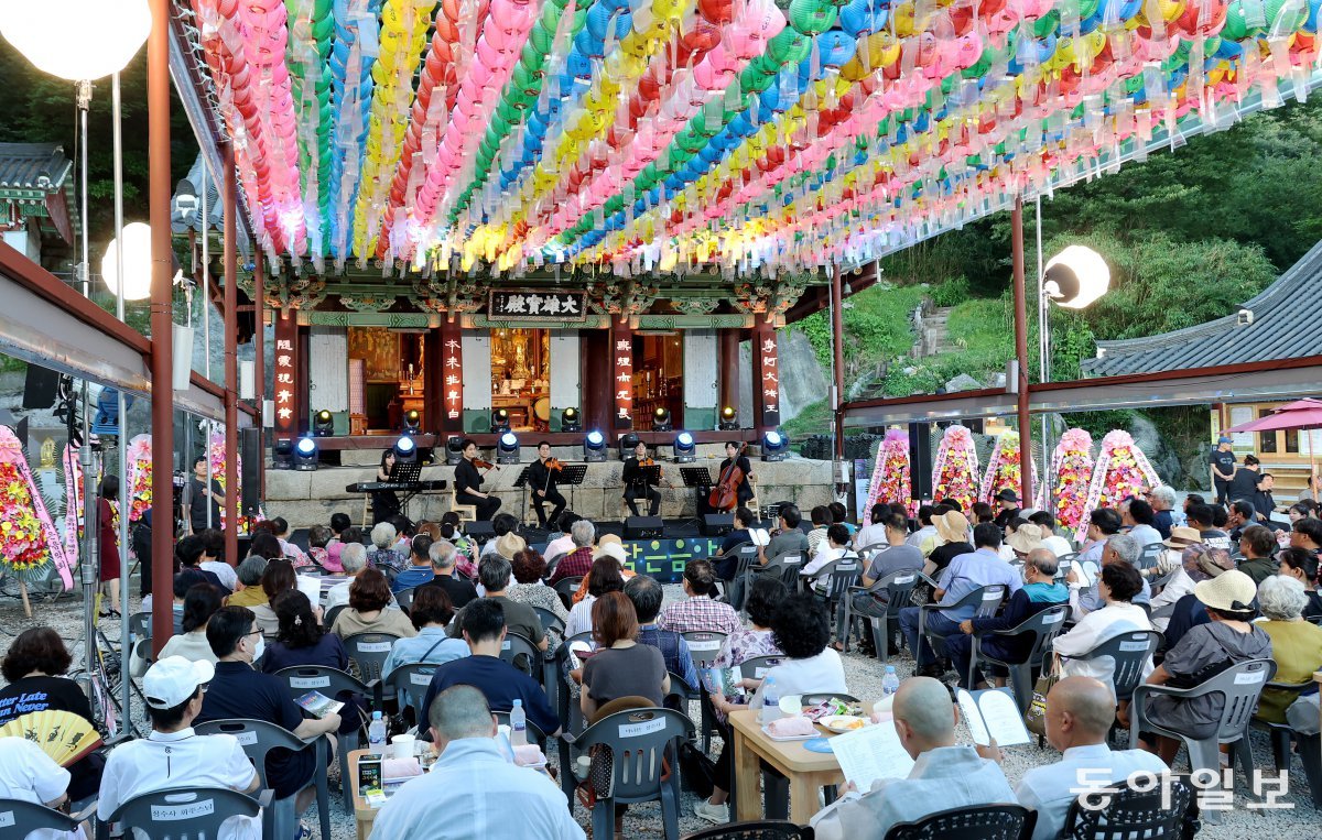 10일 경기 강화군 화도면 정수사에서 열린 ‘제1회 함허동천 작은음악회’에 실내앙상블 엘가가 ‘사랑의 인사’를 연주하고 있다. 폭염과 열대야 속에서도 시원한 문화의 향연을 즐기기 위해 여름 관광객과 마을 주민 등 150여 명이 참석했다. 강화도=전영한 기자 scoopjyh@donga.com