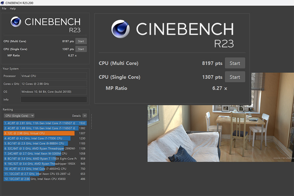 시네벤치 R23 단일 코어 점수는 1307점, 다중 코어 점수는 8197점으로 확인된다. 태블릿형 PC의 한계로 인해 프로세서의 제대로 된 성능을 끌어내진 못한 모습이다 / 출처=IT동아