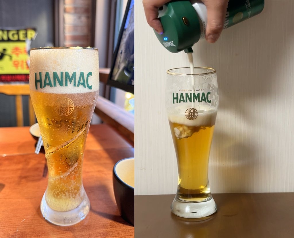 Draft beer 'Hanmac Extra Creamy Draft' that you can drink at a bar and draft beer made with a 'Smooth Cream Frother'. The advantage of using a frother is that you can drink it while replenishing the foam that naturally disappears over time.