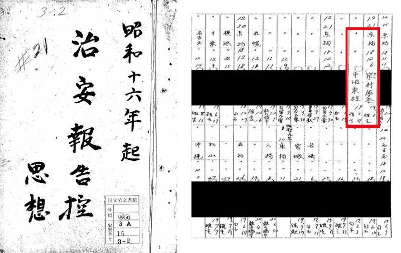 15일 국가보훈부가 공개한 치안보고록 표지(왼쪽 사진). 윤동주 시인과 송몽규 선생(오른쪽 사진 빨간 네모 안)의 교토 구치소 수형 기록이 이 치안보고록에 담겨 있다. 국가보훈부 제공