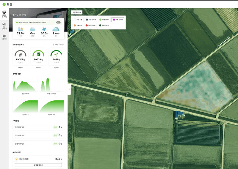 인공위성 농업 기술 기업 새팜의 실시간 모니터링 서비스. 수확일까지 남은 일수와 예측 수확량 등을 보여 준다. 
새팜 제공