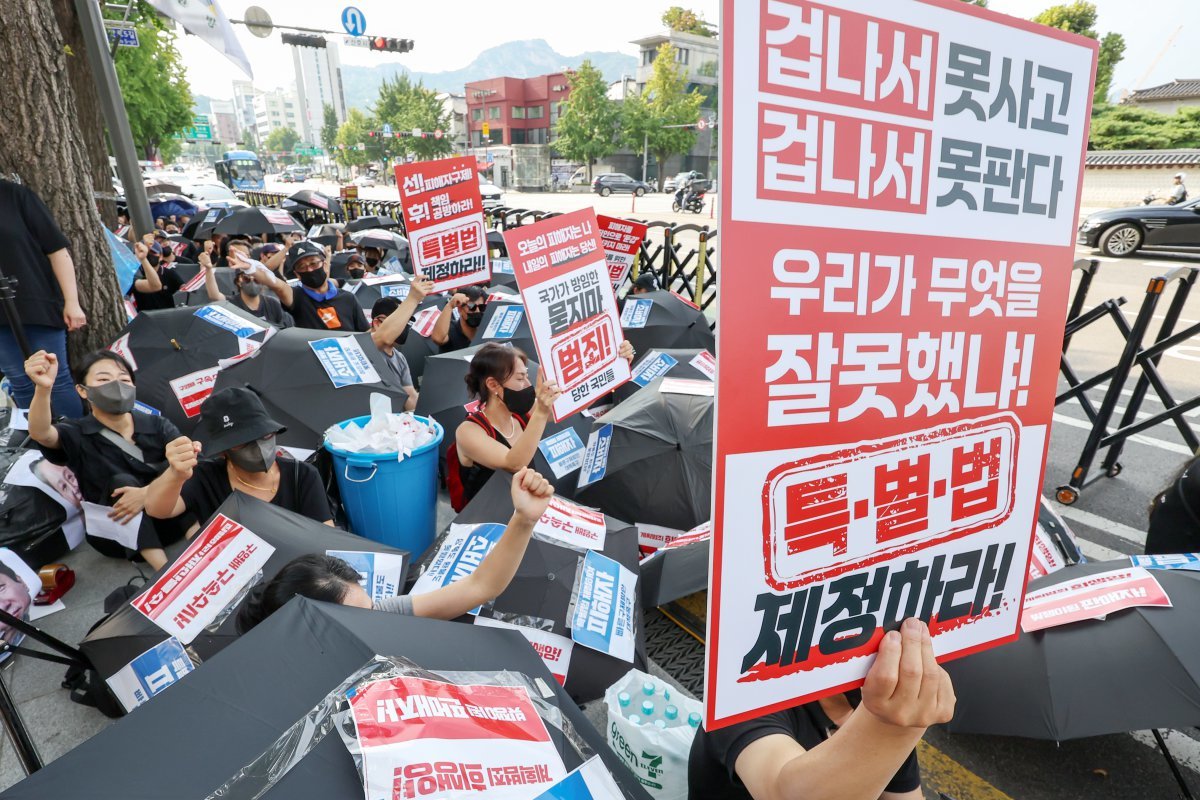 ‘티메프 사태’ 피해자들이 18일 오후 서울 종로구 사직로 일대에서 열린 검은우산 집회에서 구호를 외치고 있다. 이날 참가자들은 정부에 실효성 있는 구제방안 마련과 특별법 제정을 촉구했다. 2024.8.18/뉴스1